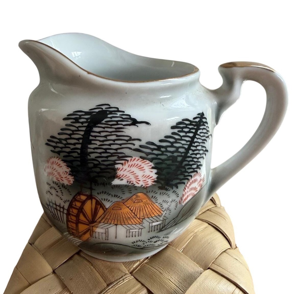 Vintage Japanese Porcelain Creamer Geisha Landscape‎ Gold Trim Japan Cottagecore